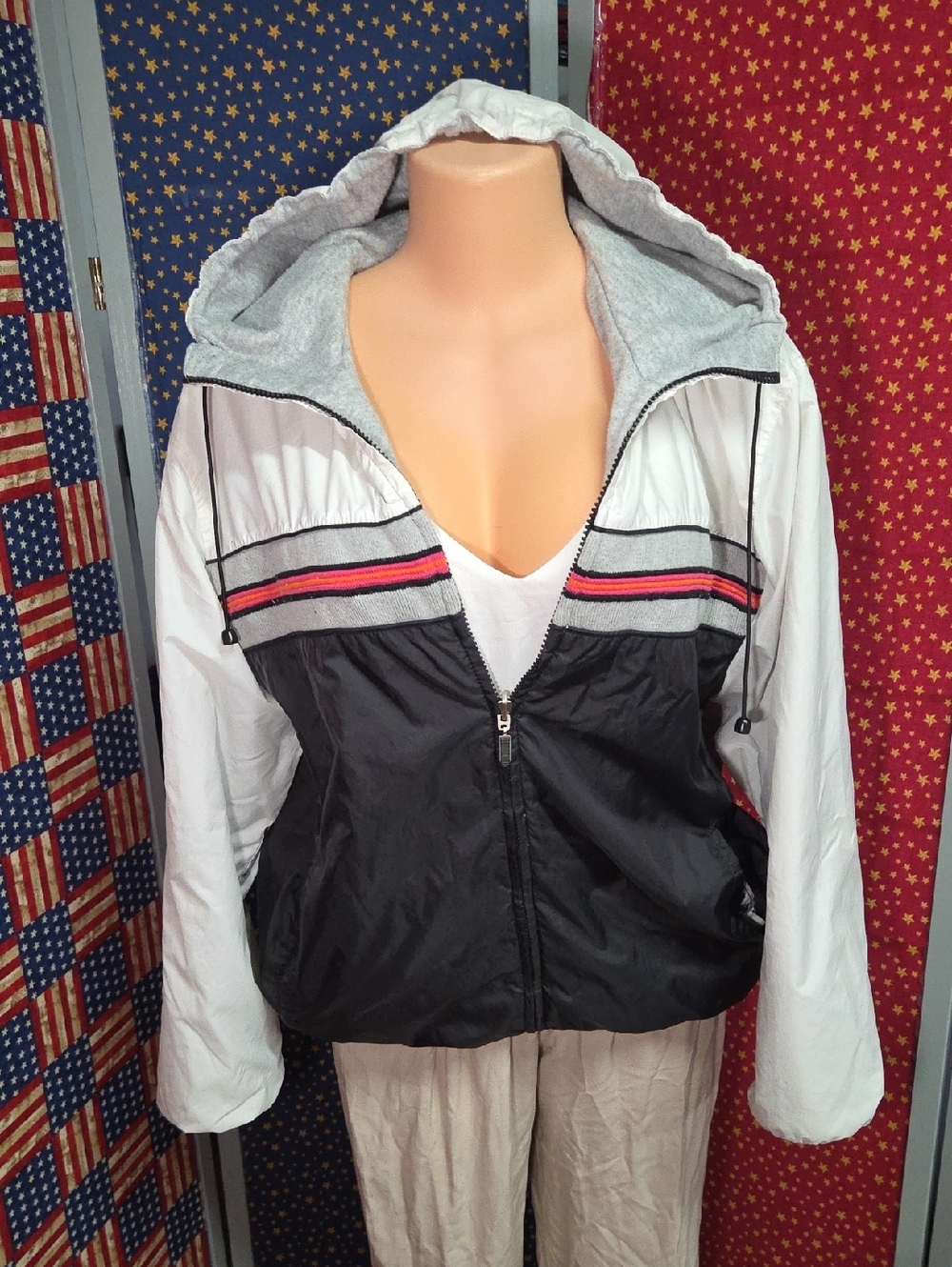 Reversible Hooded Bomber Jacket in Black, White & Red Stripe